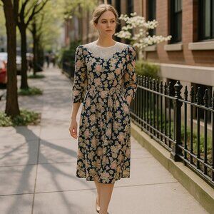 Vintage 80s Navy Floral Midi Dress with Lace Collar | Long Sleeve